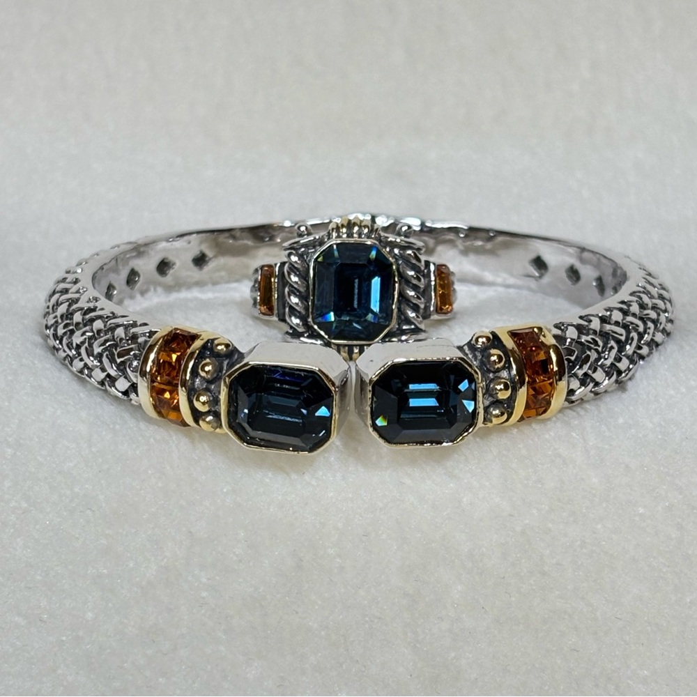 Vintage JC Silver and Gold Tone Bracelet/Ring Set With Blue And Amber Gem Stones
